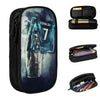 A black pencil case featuring a graphic of Ronaldo in a blue light against a dark background.