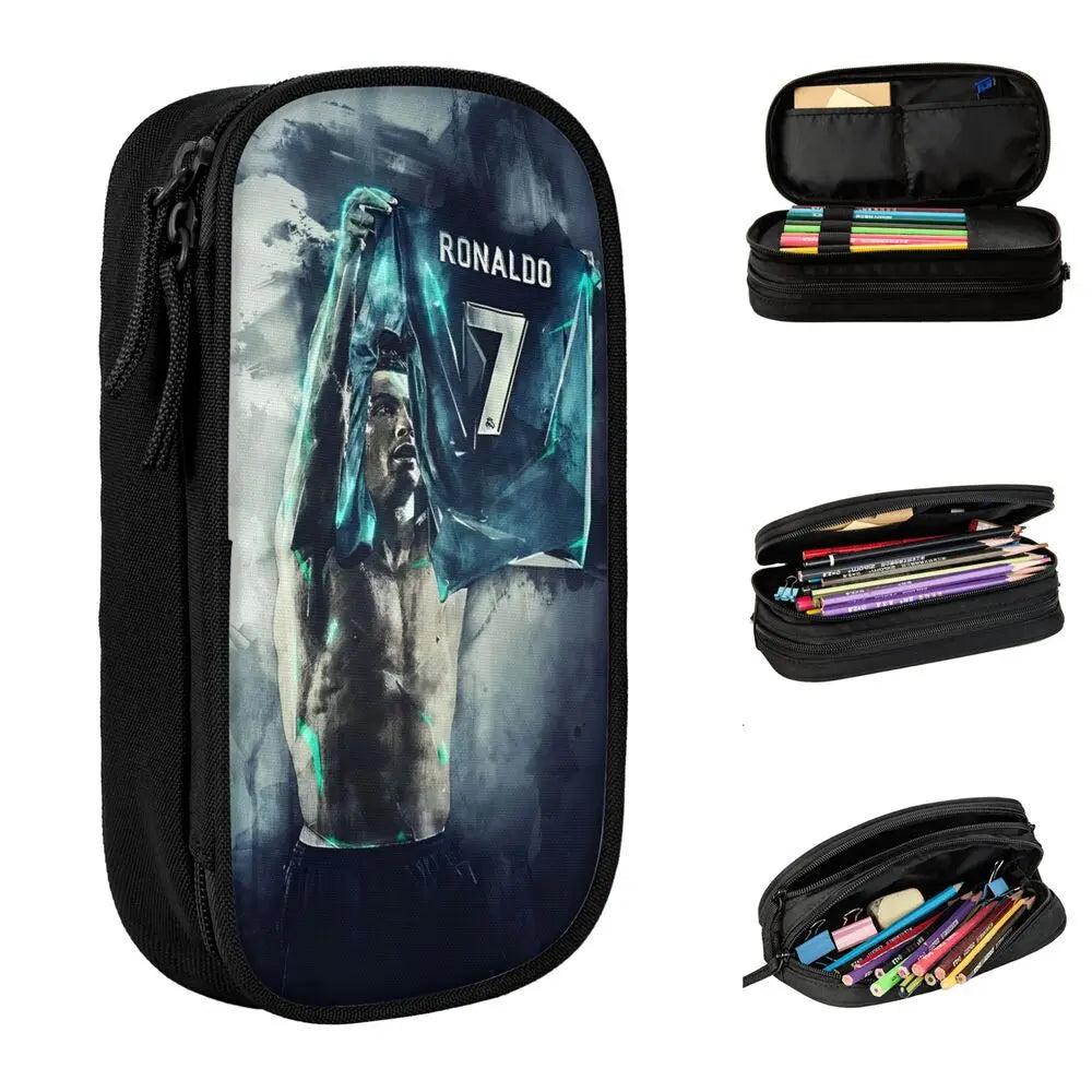 A black pencil case featuring a graphic of Ronaldo in a blue light against a dark background.