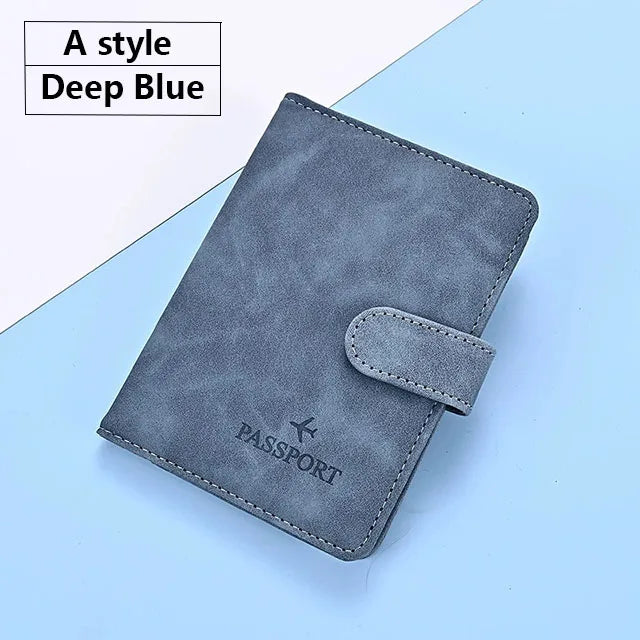 A dark blue passport holder cover made of PU leather with a flap closure.