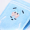 Light blue fabric wallet embroidered with a cute, stylized sun design.