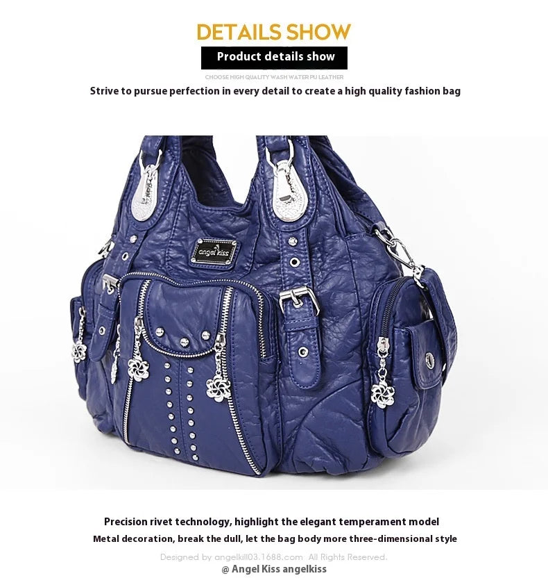 A dark blue PU leather hobo shoulder bag featuring silver hardware and floral embellishments.