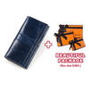 A dark blue genuine leather clutch wallet is shown next to an orange gift box, emphasizing a beautiful package.