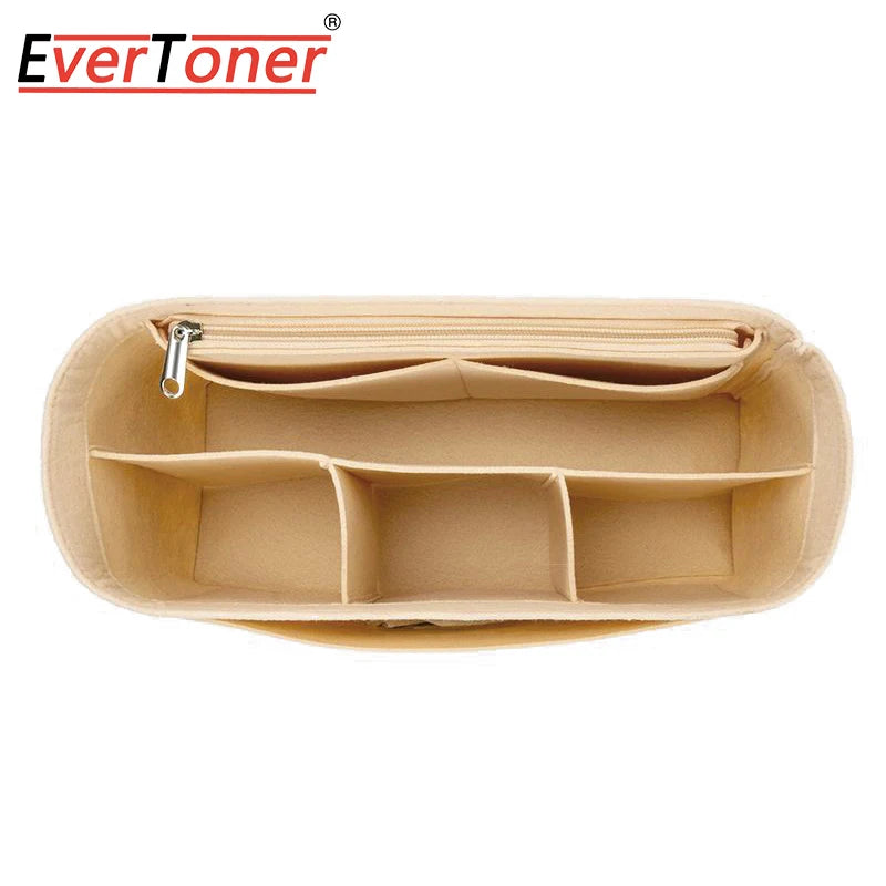 A tan felt bag organizer insert with multiple compartments shown open.