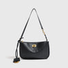 A black classic split leather shoulder tote bag with gold hardware.