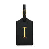 Black PU leather luggage tag with a gold-colored letter I and a metal ring for attachment.