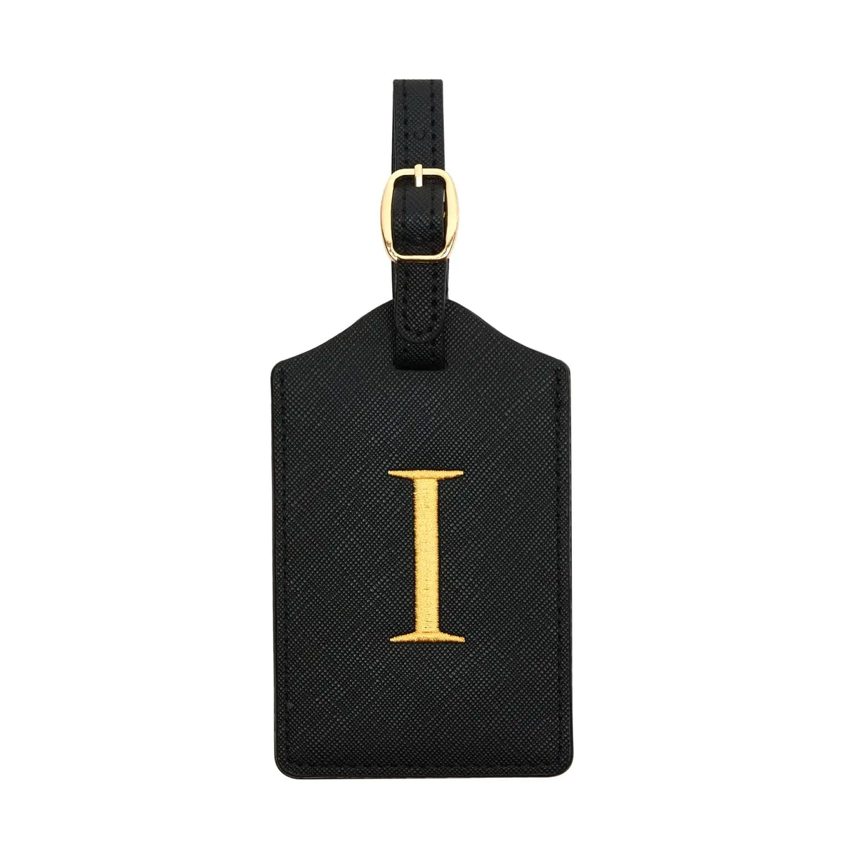 Black PU leather luggage tag with a gold-colored letter I and a metal ring for attachment.