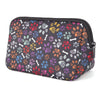 A portable neoprene cosmetic organizer bag with a dark background and colorful paw print and bone pattern.