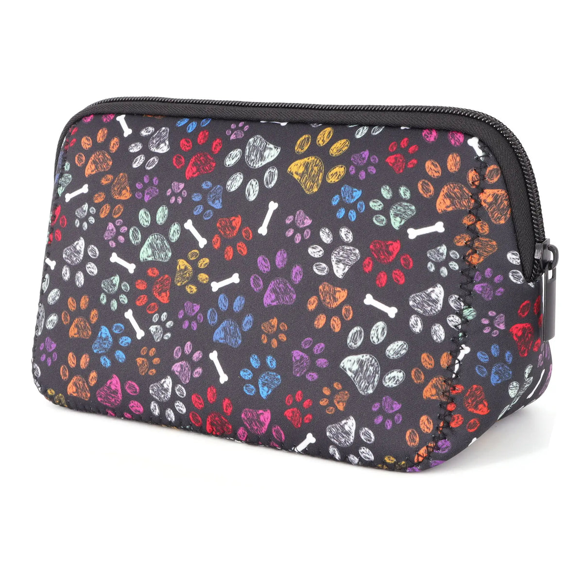 A portable neoprene cosmetic organizer bag with a dark background and colorful paw print and bone pattern.