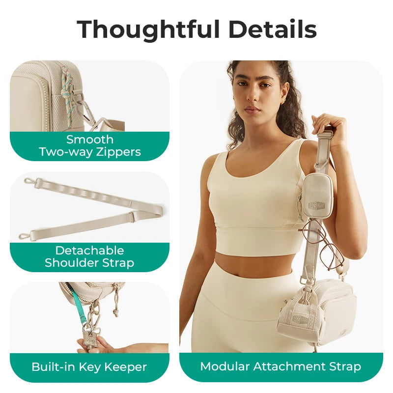 Beige multifunktionale Crossbody-Tasche für Damen mit glatten Reißverschlüssen und abnehmbarem Trageriem, gezeigt auf einem M