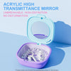 A clear acrylic high transmittance mirror is shown inside a purple storage box for dentures.