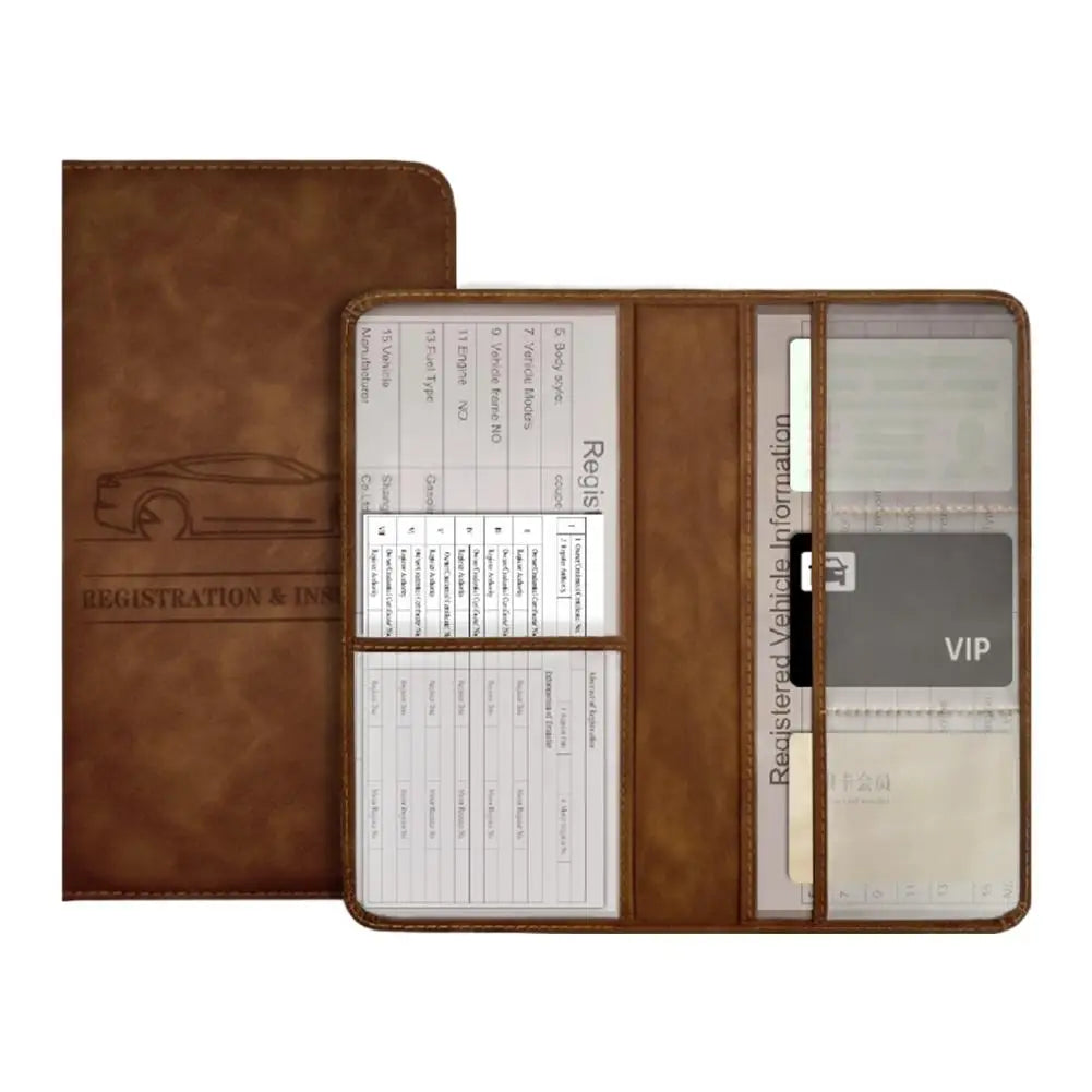 A brown PU leather car document organizer with clear pockets for vehicle registration and information.