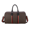 A brown plaid women's travel duffle bag with black trim and green accents.