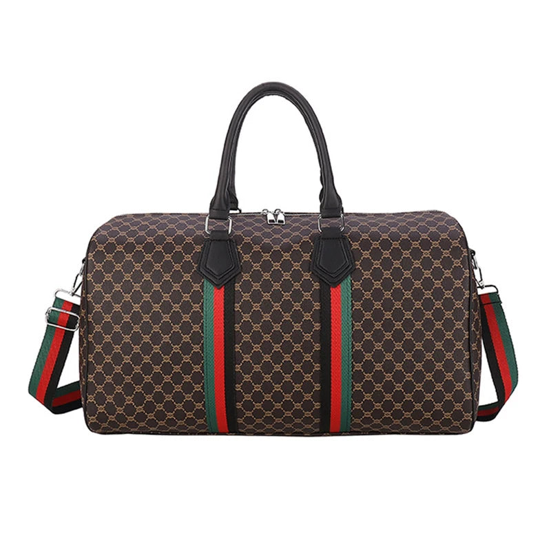 A brown plaid women's travel duffle bag with black trim and green accents.