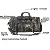 A camouflage duffel bag with a reinforced handle, adjustable strap, and lightning-fast closure cursor.