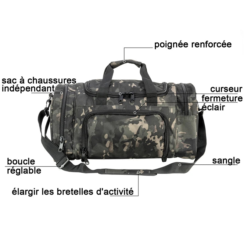 A camouflage duffel bag with a reinforced handle, adjustable strap, and lightning-fast closure cursor.