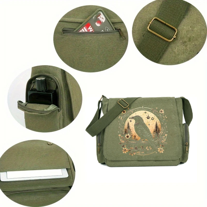 A olive green canvas shoulder bag with a flap closure and decorative embroidery.