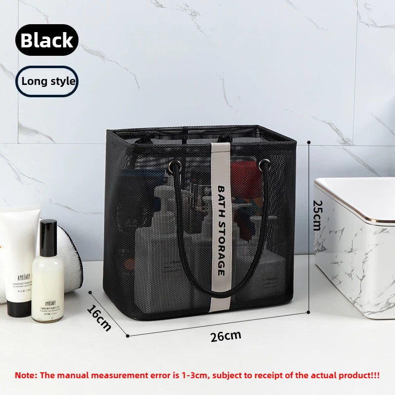 Black mesh drainage shower tote with a handle shown on a white surface.