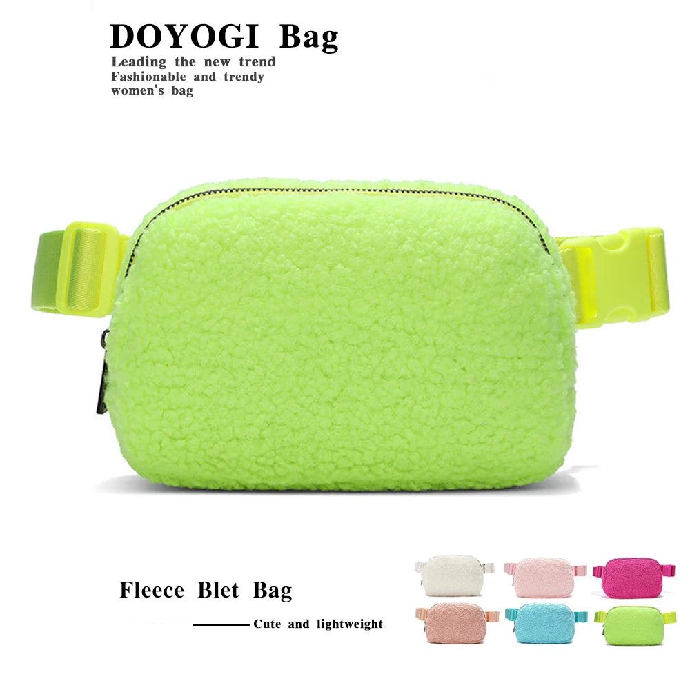 A lime green fleece belt bag shown with various color options.