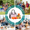A collage showing people enjoying a picnic, camping, office work, and school activities alongside an insulated lunch bag.