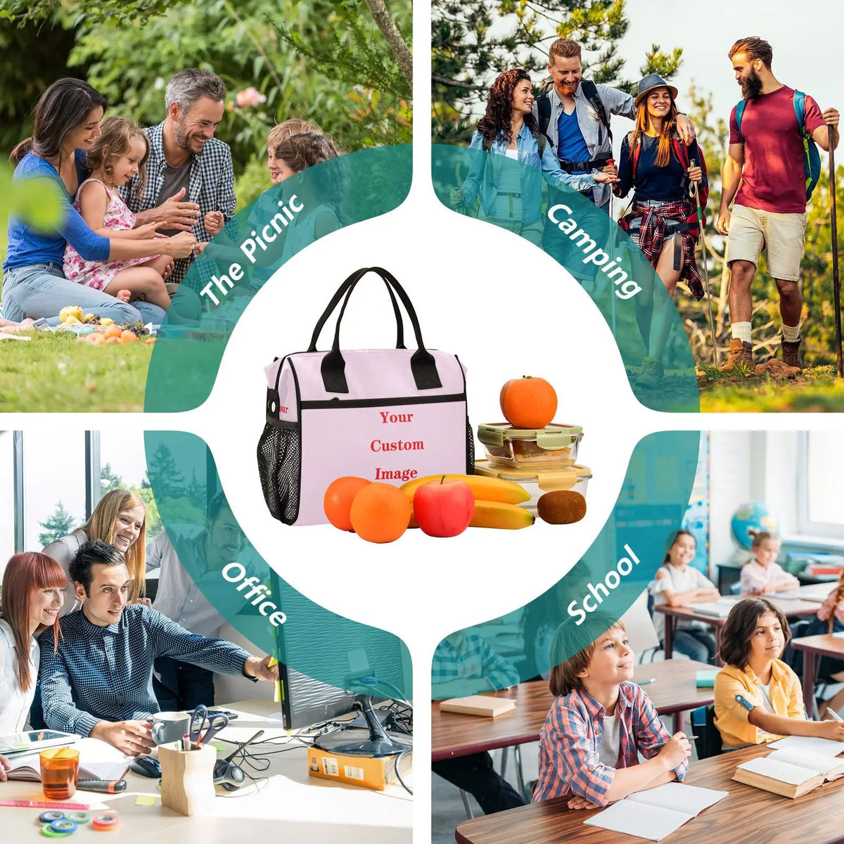 A collage showing people enjoying a picnic, camping, office work, and school activities alongside an insulated lunch bag.