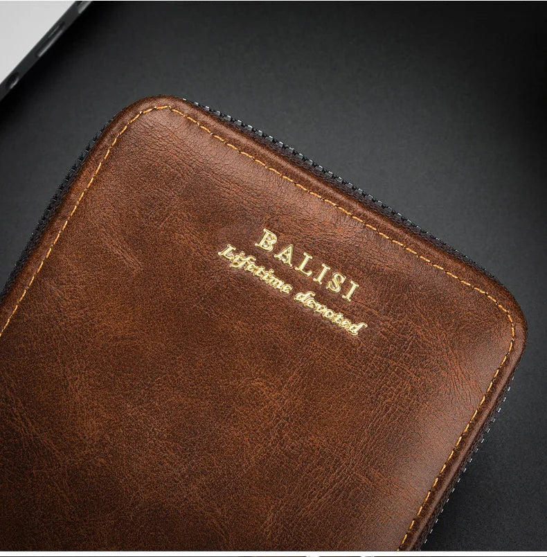 A brown retro PU leather men's wallet with gold embossed text on the cover.