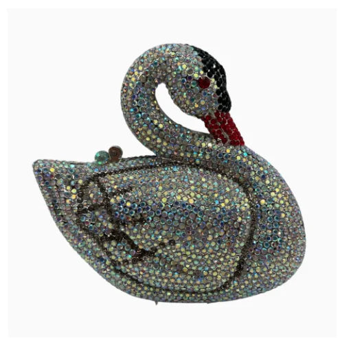 Pochette de soirée en cristal étincelant en forme d'cygne avec des pierres iridescentes et multicolores.