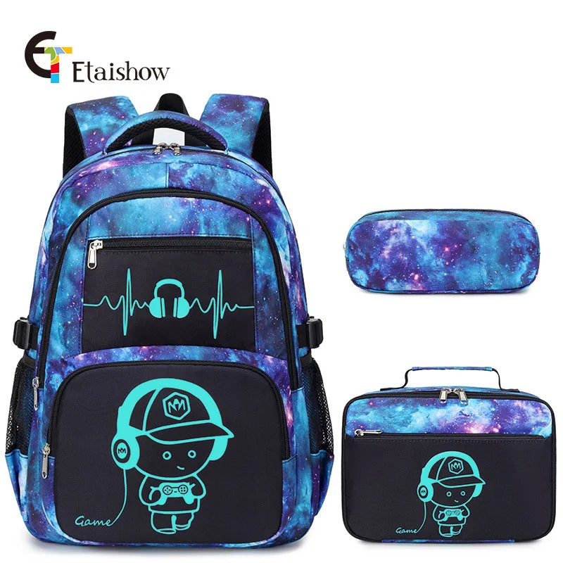 A purple and blue graffiti-themed backpack featuring a stylized gamer character design.