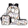 A set of three white wolf cartoon themed items including a backpack, lunch bag, and pencil case