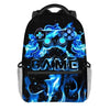 A black backpack featuring a blue flame design and a graphic of a game controller.