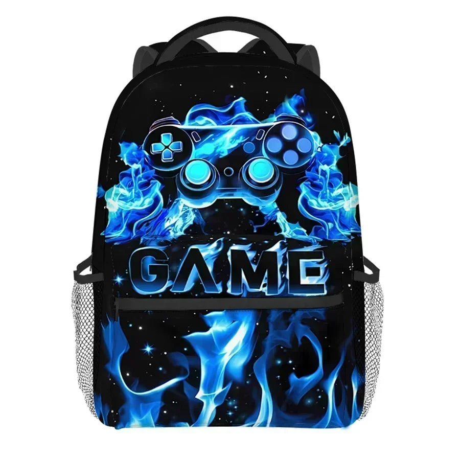 A black backpack featuring a blue flame design and a graphic of a game controller.