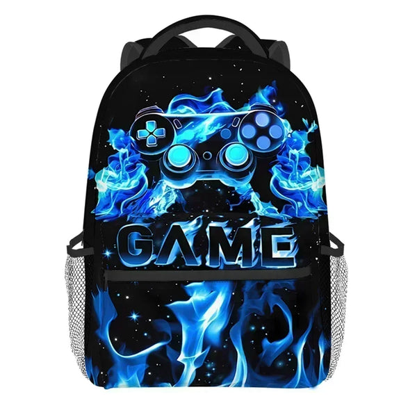A black backpack featuring a blue flame design and a graphic of a game controller.