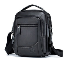 Black genuine leather cowhide crossbody bag with adjustable strap and zipper details