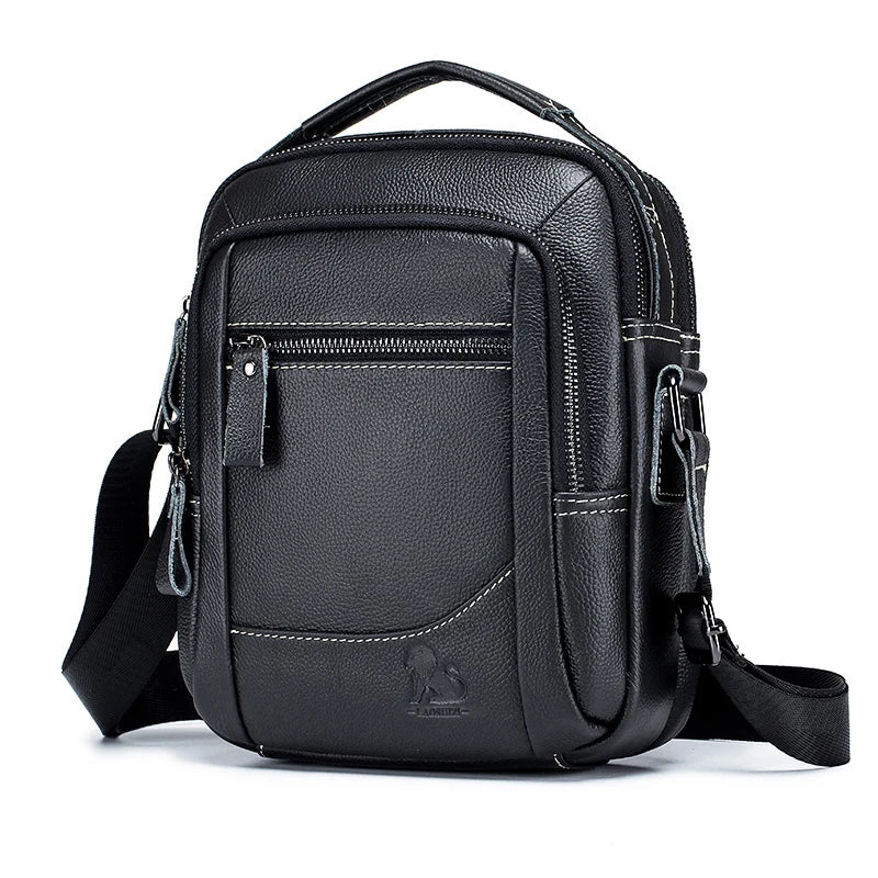 Bolso cruz de cuero genuino negro de res con correa ajustable y cremallera