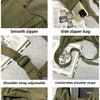 Detail shots of a olive green cotton canvas shoulder crossbody bag showing the smooth zipper, side zipper bag, adjustable str