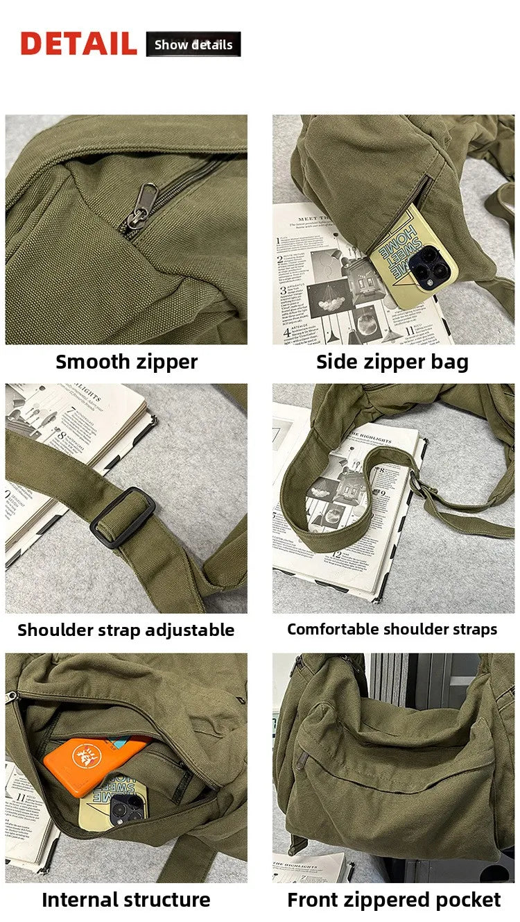 Detail shots of a olive green cotton canvas shoulder crossbody bag showing the smooth zipper, side zipper bag, adjustable str