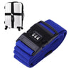 A black adjustable luggage cross strap with a combination lock is shown next to a white suitcase.
