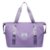 A purple expandable travel organizer bag with light gray straps and accents.