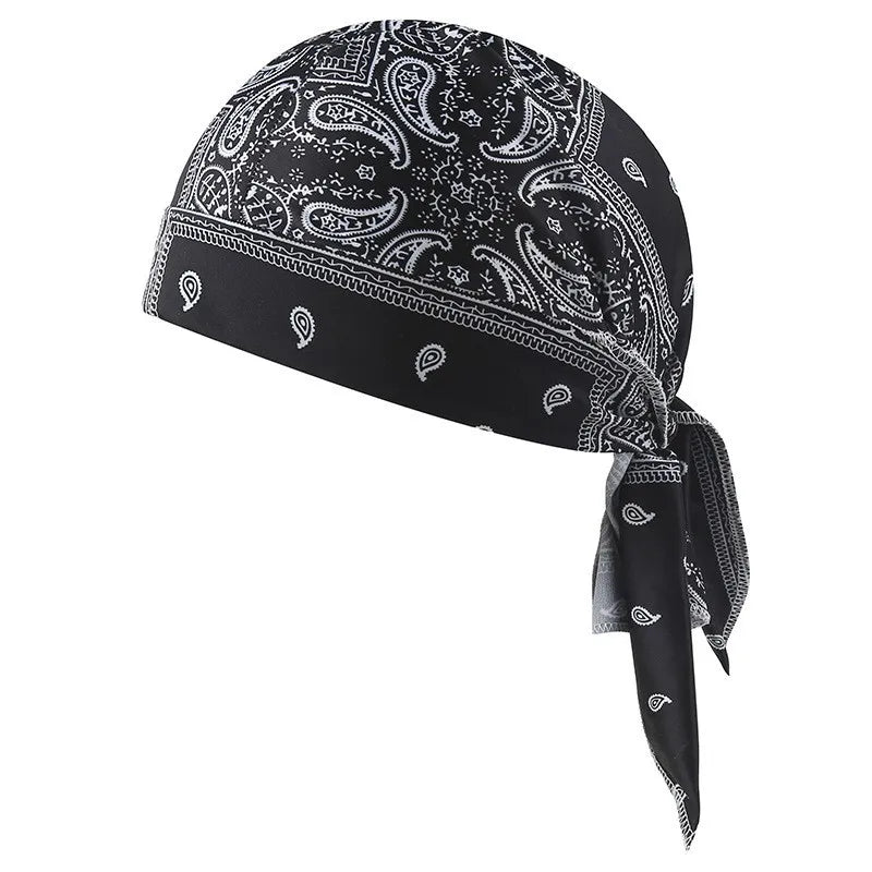Black paisley print adjustable pirate style sports headband for cycling and dance