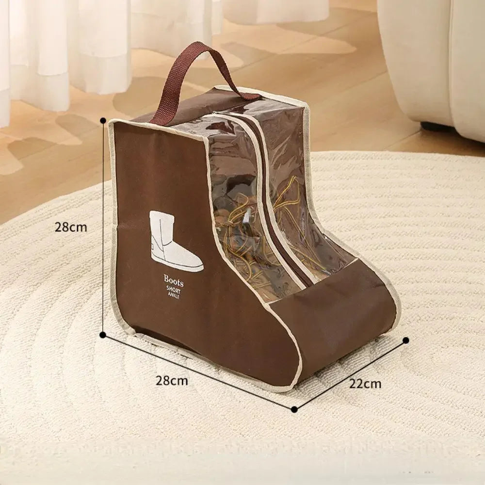 A brown portable waterproof boot storage bag with a clear window displaying a white boot, shown on a light rug.
