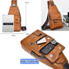 A brown men's PU leather crossbody sling bag with a zippered compartment and a watch pocket.