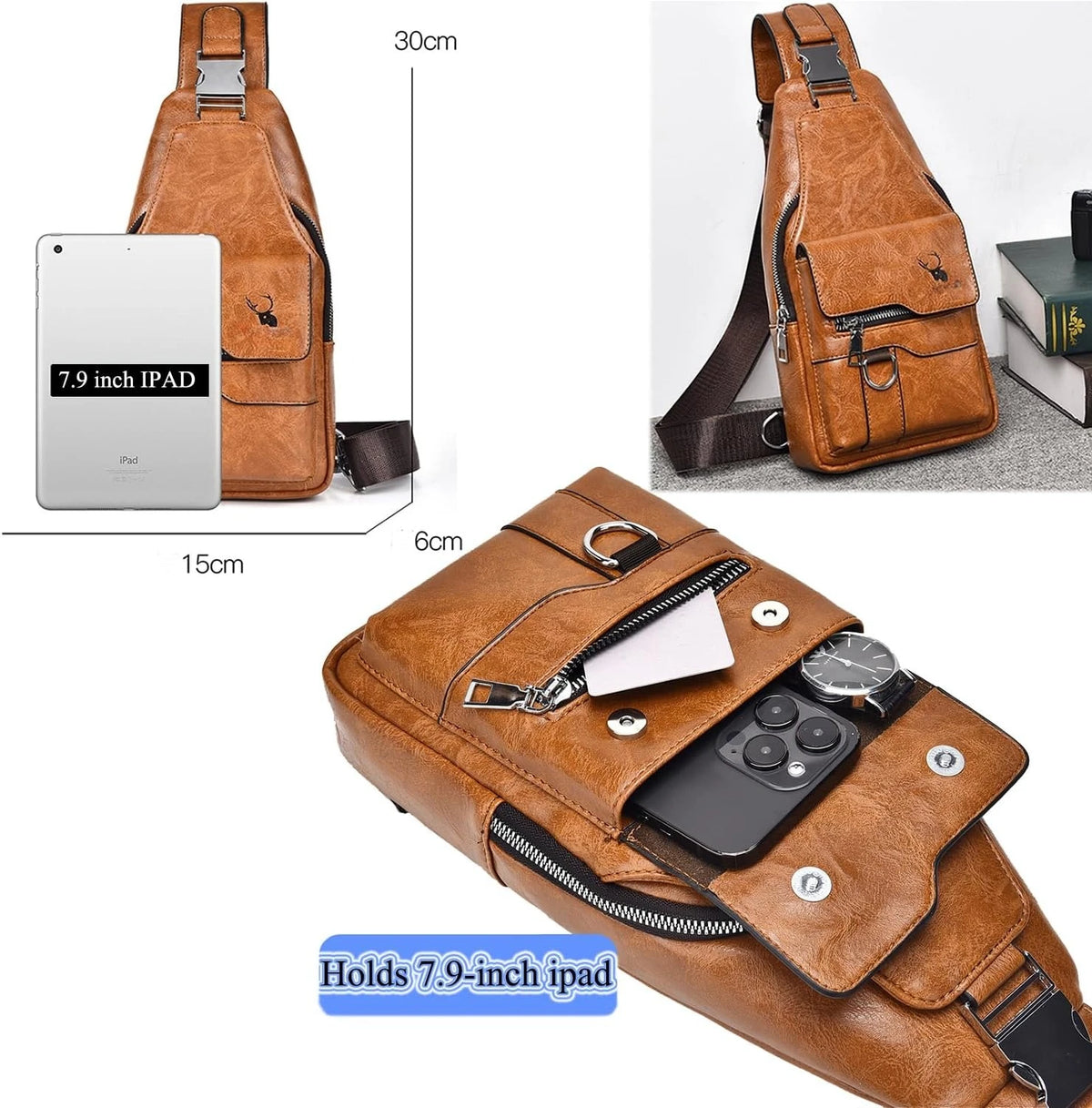 A brown men's PU leather crossbody sling bag with a zippered compartment and a watch pocket.