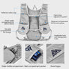 Gray hydration vest with reflective safety strips, multiple compartments, and a breathable back