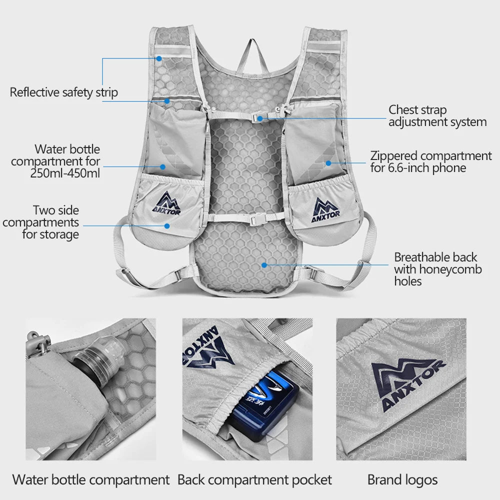 Gray hydration vest with reflective safety strips, multiple compartments, and a breathable back