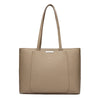 A tan leather shoulder bag with a top handle and flap closure.