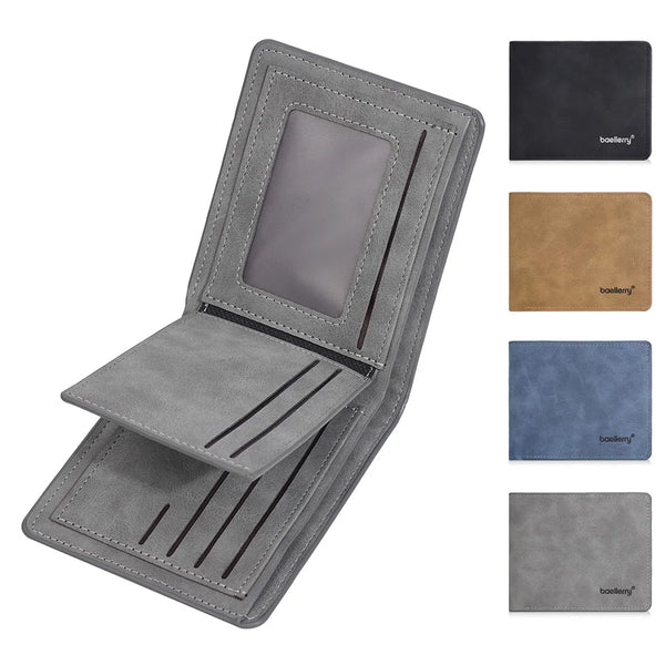 A gray slim wallet with card clips and multiple card slots shown alongside color options.