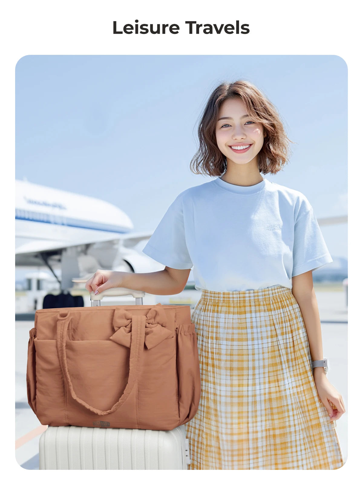 A young woman wearing a light blue shirt and plaid skirt stands next to a brown tote bag on an airport tarmac.
