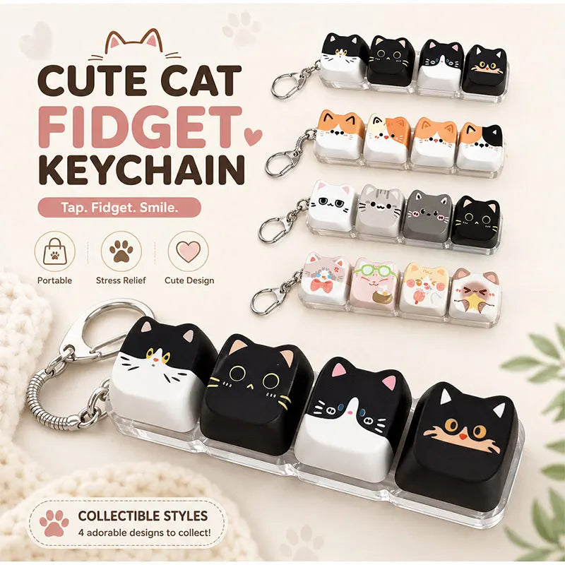 A collection of cute cat fidget keychains and bag charms in white and black designs.