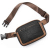 A brown PU leather crossbody waist bag with a flap and adjustable strap.