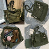 Sac cabas en velours côtelé vert olive foncé avec plusieurs poches.