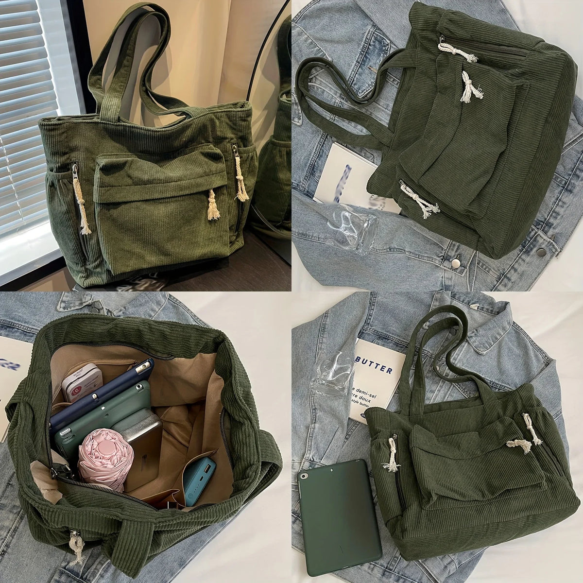 Sac cabas en velours côtelé vert olive foncé avec plusieurs poches.